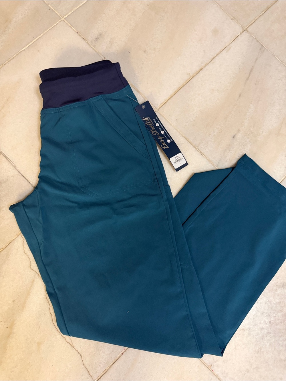 Teal easy stretch scrub pants with Navy Waistband